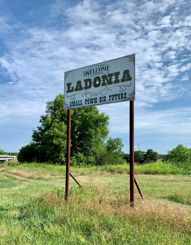 Sign outside Ladonia Fossil Park in Ladonia, Texas, Small Town Big Future
